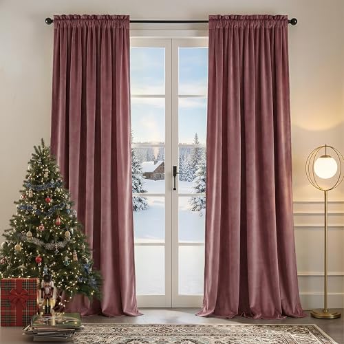 Nemia Blush Pink Velvet Curtains Thermal Insulated Blackout Curtain for Bedroom Window Living Room Darkening Luxury Vintage 84 Inches Long Heavy Drapes Panels Rod Pocket Set of 2