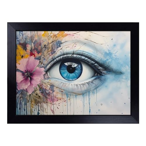 Lap Tray with Bean Bag Cushion, Eye Art Watercolour - Handmade in the UK, Raised Wooden Edge, Padded Cushion, Heat-Resistant Wipe-Clean Surface, for Meals, Laptops and Crafts