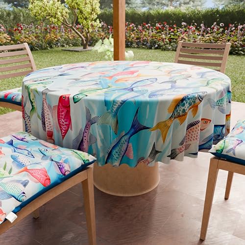 PETTI Artigiani Italiani - Anti-Stain Round Microfibre Tablecloth (Diameter 120 cm), Kitchen Table Cover for Round Table, Fishes Design, 100% Made in Italy