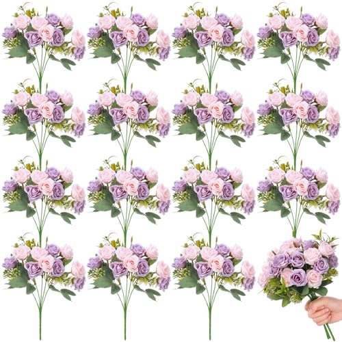 Zeyune 16 Bunches 12 in Artificial Mini Rose Bouquet 160 Heads Bridal Flower Bouquets Fake Silk Rose Bulk for Home Office Garden Wedding Valentine's Day Christmas Decoration (Pink and Purple)