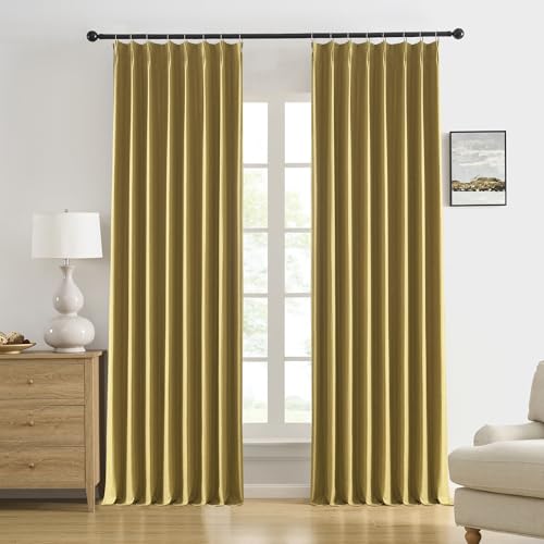 DUALIFE Mustard Yellow Pinch Pleated Blackout Curtains 92 Inches Long, Back Tab with Hooks, Linen Full Black Out Thermal Insulated Track Curtain for Bedroom Living Room,50 W x 92 L, 2 Panels