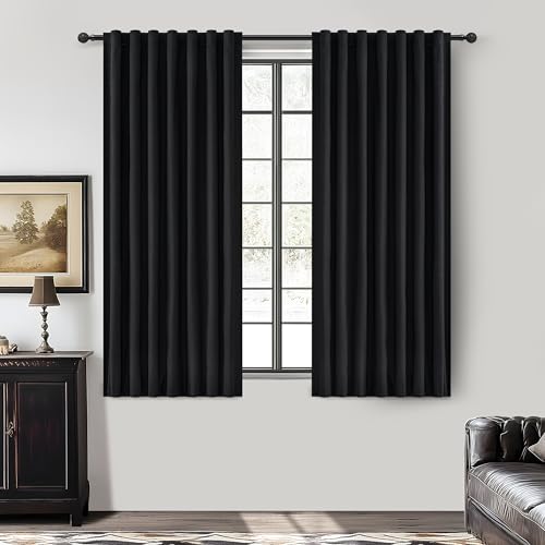 "QJmydeco Black Out Kitchen Curtains 63 Inch Length 2 Panels Set, Modern Pleated Linen Blend Blackout Windows Curtain Back Tab Rod Pocket for Cafe/Cabin Thermal Insulated Heavy Drapes 50""W x 63""L Long"