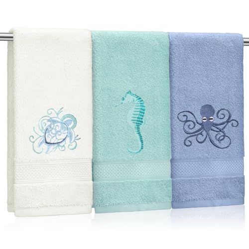 Hahafelt 3 Pack Coastal Hand Towels for Bathroom 100% Cotton Embroidered Bathroom Towels 13.78 x 29.53 Inch Beach Hand Towels Soft Absorbent Cotton Towel (White, Blue Gray, Teal Aqua,Sea)