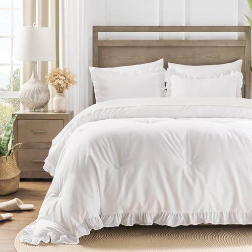 QUIETSEA King Size Bed in a Bag White, 7 Pieces King Size Comforter Set - Ruffle Bedding Comforter Set, Shabby Chic Bed Set with Comforter, Pillowcases, Flat Sheet, Fitted Sheet and Pillow Shams