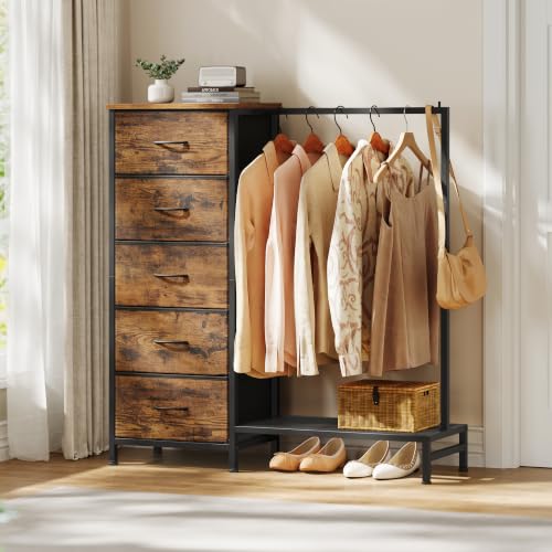 SONGMICS Chest of Drawers, 5 Fabric Drawers, Freestanding Wardrobe with Hanging Rail and Bottom Shelf, 96.2 x 30 x 117.7 cm, for Bedroom, Closet, Hallway, Living Room, Rustic Brown LGS423K101