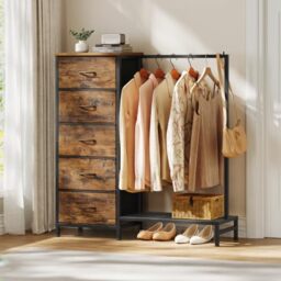SONGMICS Chest of Drawers, 5 Fabric Drawers, Freestanding Wardrobe with Hanging Rail and Bottom Shelf, 96.2 x 30 x 117.7 cm, for Bedroom, Closet, Hallway, Living Room, Rustic Brown LGS423K101