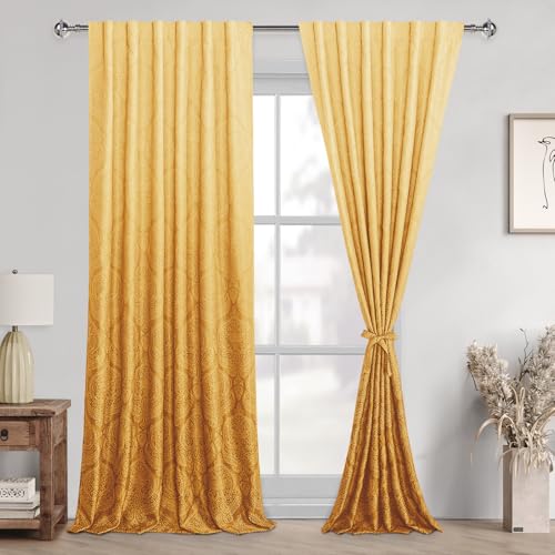 DWCN Damask Patterned Curtains 96 inches Length - Back Tab/Rod Pocket Room Darkening Window Drapes with Tiebacks Thermal Insulted Ombre Curtains for Bedroom, 2 Panels, W52 x L96, Gold Yellow
