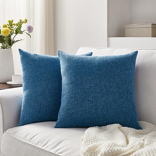 Meekio Set of 2 Blue Pillow Covers 22 x 22 Inch Farmhouse Boho Decorative Throw Pillow Covers Linen Cushion Covers for Sofa Couch D??cor