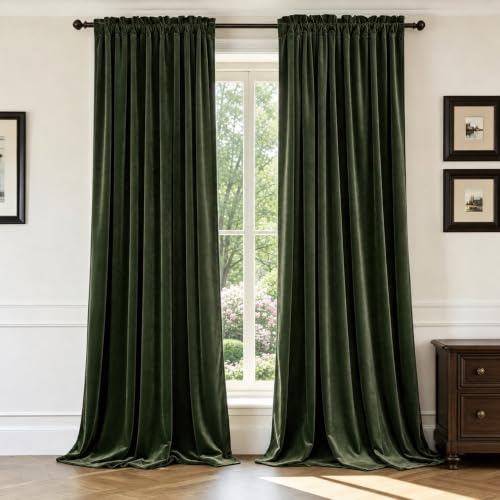 Benedeco Green Velvet Curtains for Bedroom Window, Super Soft Luxury Drapes, Room Darkening Thermal Insulated Rod Pocket Curtain for Living Room, W52 by L120 inches, 2 Panels
