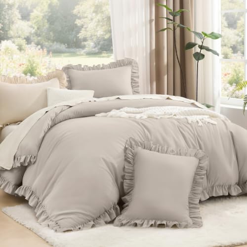 Litanika Queen Comforter Set, 3 Pieces Linen Grey Ruffle Bedding Set - Farmhouse Shabby Chic Aesthetic Soft Fluffy Lightweight Breathable Bed Set for Girls Women Room Decor Gift All Season