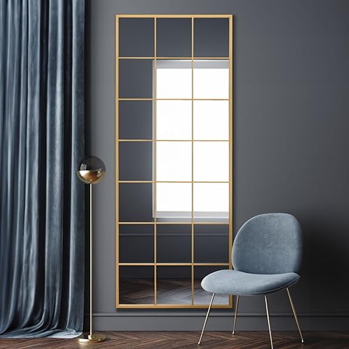 "MirrorOutlet The Fenestra - Gold Modern Window Full Length Leaner/Wall Mirror 79"" X 31"" (200CM X 80CM) Silver Mirror Glass with Black Metal Frame"