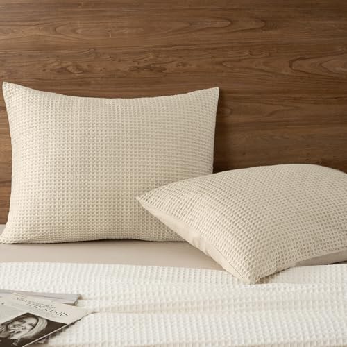 "PHF 100% Cotton Waffle Pillow Shams King Size, 2 Pack 20"" x 36"" Soft Skin-Friendly and Breathable Pillowcases, No Filling, Aesthetic Woven Waffle Weave Pillow Covers for Bed, Linen"