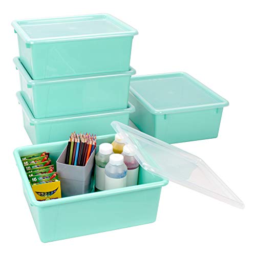 Storex Letter Size Deep Storage Tray ??? Organizer Bin with Non-Snap Lid for Classroom, Office and Home, Teal, 5-Pack (62549A05C)