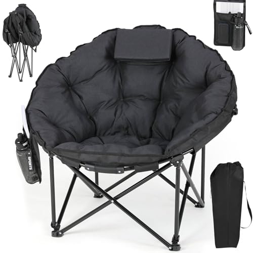 Clevich Folding Moon Chair, Camping Chair with Cotton Padded Seat, Headrest, Portable Garden Chair, Supports 150kg, for Camping Fishing Beach Outdoor (Black)