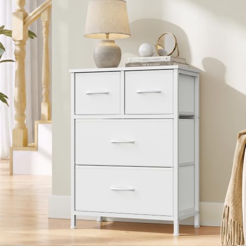 SONGMICS Chest of Drawers, 4 Fabric Drawers Storage Unit, Wooden Top and Steel Frame, 50.6 x 30 x 74.7 cm, for Bedroom, Closet, Hallway, Living Room, Cloud White LGS321W101