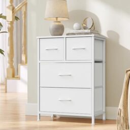 SONGMICS Chest of Drawers, 4 Fabric Drawers Storage Unit, Wooden Top and Steel Frame, 50.6 x 30 x 74.7 cm, for Bedroom, Closet, Hallway, Living Room, Cloud White LGS321W101