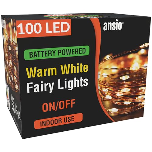 ANSIO Fairy Lights Battery Operated 100 LED Copper Wire Indoor Outdoor Christmas Lights, Bedroom String Lights 10m/33ft, Ideal for Christmas Tree, Party & Wedding Decorations–Warm White