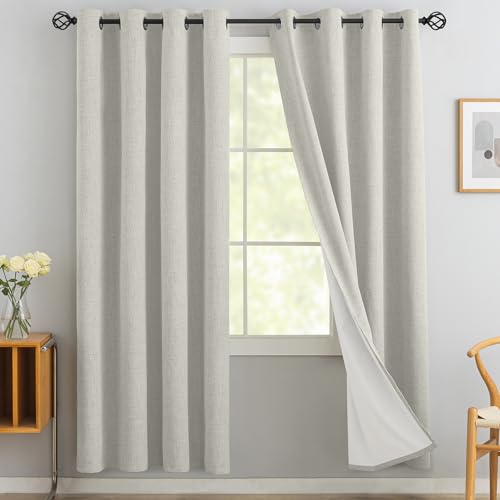 Yakamok Cream Linen Blackout Curtains 96 Inches Long, Room Darkening Textured for Living Room, Thermal Grommet Bedroom 2 Panels With Greyish White Liner