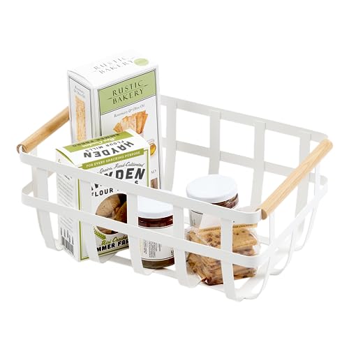 Yamazaki 2507 TOSCA Storage Basket with 2 Handles, white, Steel/Wood, Minimalist, 36 x 22 x 16 cm