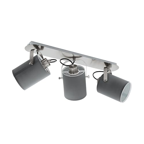 Eglo Ceiling Light Villabate, 3-Light Textile Ceiling Lamp, Ceiling Spot Made of Steel, Fabric, Colour: Matte Nickel, Grey, Socket: E27