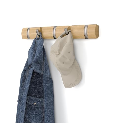 Umbra Flip Wall-Mounted Coat Rack with 5 Hooks – Modern, Space-Saving Storage for Hats, Jackets, Bags, Entryway, Mudroom, Closet, Bathroom, Bedroom – Natural/Nickel