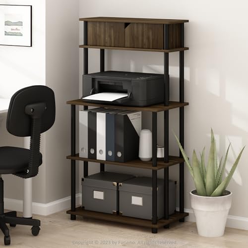 Furinno TURN-N-TUBE Printer Stand with Storage, 5-Tier Large Printer Stand, Standing Printer Table with Top Cabinet, for CPU, Office Supplies, Home Office, Columbia Walnut