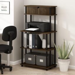 Furinno TURN-N-TUBE Printer Stand with Storage, 5-Tier Large Printer Stand, Standing Printer Table with Top Cabinet, for CPU, Office Supplies, Home Office, Columbia Walnut