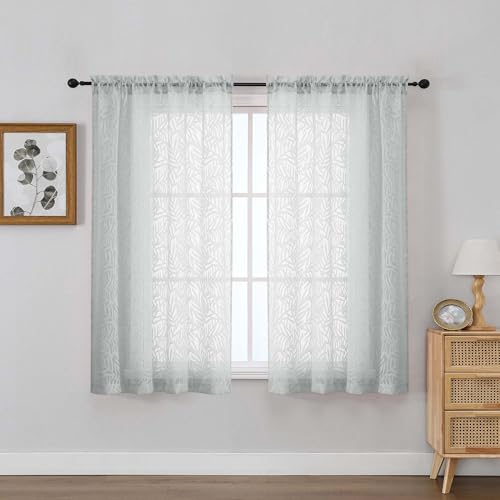 OVZME Light Grey Sheer Curtains 54 Inch Length 2 Panels, Soft Airy Light Filtering Breathable Leaf Jacquard Textured Short Drapes for Bathroom Bedroom Windows, Dual Rod Pocket, 2x42Wx54L Inches