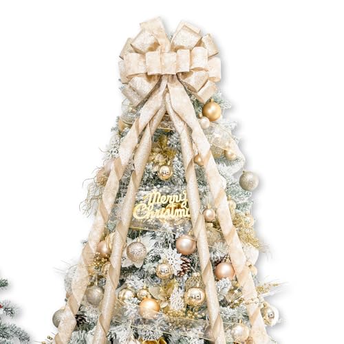 Hismir Large Christmas Bow with Glitter Streamer and Patterned Ribbon, Decorative Bows for Xmas Tree Wreath Door Festival Home Decor (Gold Snowflake)