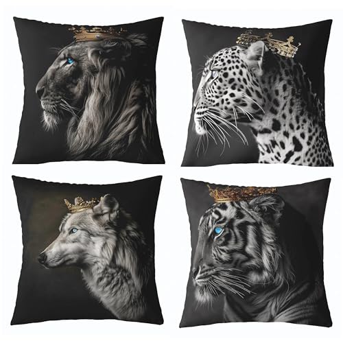 "Feelyou Lion Throw Pillow Covers 20""x20"" Set of 4 Soft Tiger Cushion Case Wolf Decor Pillowcase Leopard Crown Black Indoor Outdoor"