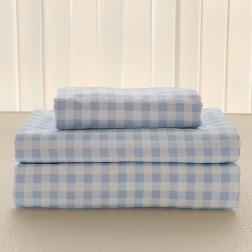 NSNLGSGC Light Blue Gingham King Sheet Set - Soft Brushed Microfiber, Light Blue Plaid, 4-Pieces, Deep Pocket