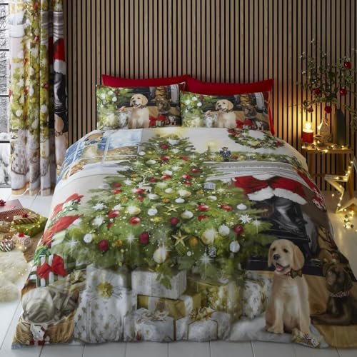 Fusion Christmas Dogs Duvet Cover Set – Single 140x200cm – Puppies & Christmas Tree Print – Reversible Festive Bedding – 1 Pillowcase – Easy Care – Traditional Vintage Holiday Bedroom Style