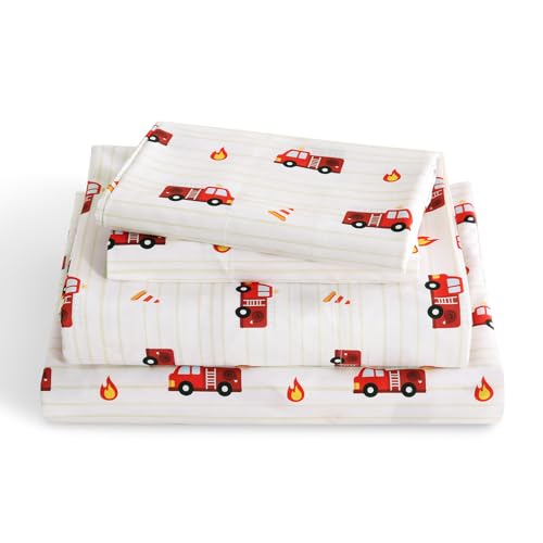 LONAVA Full Sheet Set Kids - Firetruck 4 Pieces Soft Cute Microfiber Bed Sheet for Boy Girls Teens, Oeko Texted Breathable Cooling Fabric & Deep Pocket Full Elastic Sheets