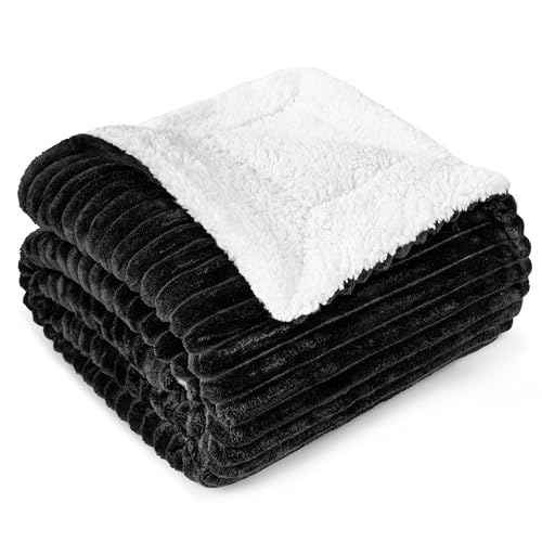 PAVILIA Black Sherpa Fleece Throw Blanket for Couch, Soft Plush Fuzzy Blankets, Fluffy Flannel Sherpa Blanket for Sofa, Warm 3D Ribbed Winter Blanket Gift, 50x60 inches