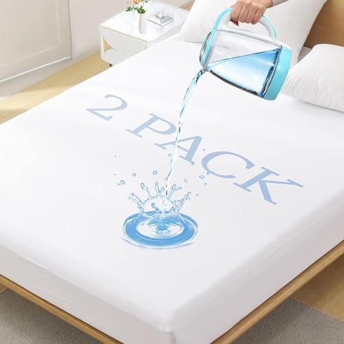 "2 Pack Full Size Premium Waterproof Mattress Protector, Soft Breathable Mattress Pad Cover, Noiseless Waterproof Bed Cover - Stretch to 16"" Safe Fitted Deep Pocket Mattress Protection Cover-Vinyl Free"