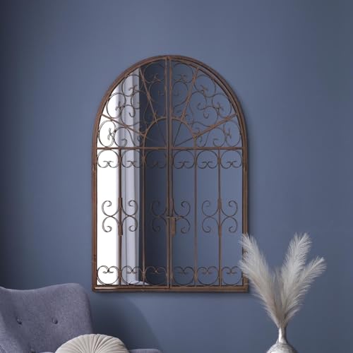 "MirrorOutlet The Kirkby - Dark Metal Rustic Framed Decorative Arched Wall Mirror with Opening Doors 53"" X 35"" (135CM X 89CM max). Closed doors 35"" X 28"" (89cm X 70cm), Bronze"