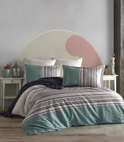 Nuit Des Rêves 100% Cotton Ranforce Single Quilt Cover Set, 135 x 200 cm, Green/White & Brown/Beige, Machine Washable, Button & Envelope Closure, Cosy & Stylish Bedding