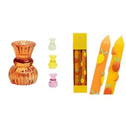 Small Orange Glass Candle Holder & Citrus 3D Candles Halloween Autumn Bundle
