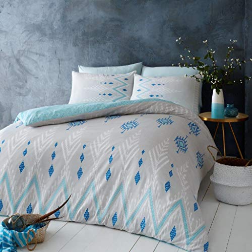 GC GAVENO CAVAILIA Easy Care Checkered, Reversible Check Duvet Cover, Soft & Cosy Damask Quilt Bed Set, Polycotton, Nico-Blue, Double