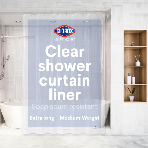 "Clorox Shower Curtain Liner, Premium Medium-Weight Durable Waterproof 6g PEVA for Bathroom with Weighted Magnets, Extra Long 72"" x 84"", Clear 1 Pack"