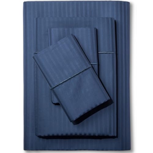 Feather & Stitch Full Size Damask Stripe Sheet Set - 4 Piece Set, Ultra Soft 100% Cotton Sheets, 500 Thread Count Luxury Sateen Weave, Deep Pocket Bedsheets, with 2 Pillowcases (Full, Dark Blue)