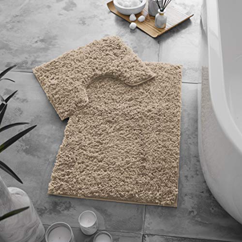 GC GAVENO CAVAILIA Luxury Super Soft 2 Piece Zero Twist Bath Mat Pedestal Set Non Slip, Extra Absorbent 100% Polyester Bathroom Toilet Rug, Regular (50x80, 50x40 cm), Natural