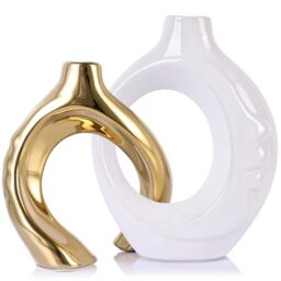 LCCCK Ceramic Vases for Home Decor Boho Vase for Flowers Pampas Grass Decorative Hollow Donut Vase for Living Room Table Wedding Centerpiece Modern Small White and Gold