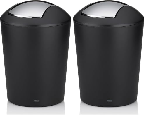 Kela swing lid bin black, cosmetic bin 5l with swing lid, plastic, MARTA, waste bin bathroom black matt (Pack of 2)