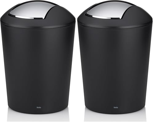 Kela swing lid bin black, cosmetic bin 5l with swing lid, plastic, MARTA, waste bin bathroom black matt (Pack of 2)