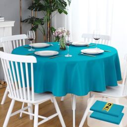 FOLINS&HOME 2 Pack Teal Round Tablecloth - 70 Inch Waterproof 210 GSM Wrinkle Free Polyester Circle Table Cloth, Spillproof Washable Wipeable Table Cover for Party, Wedding, Dining (2 Pcs)