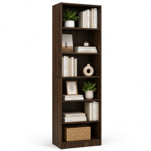 Absolute Deal Walnut Tall Bookcase 6 Tier Free Standing Adjustable Shelf