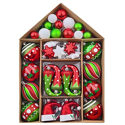 Valery Madelyn Christmas Ornaments Set, 70ct Elf Red Green White Shatterproof Christmas Tree Decorations Ball Ornaments Bulk, Decorative Hanging Ornaments for Xmas Trees Holiday Party Decor