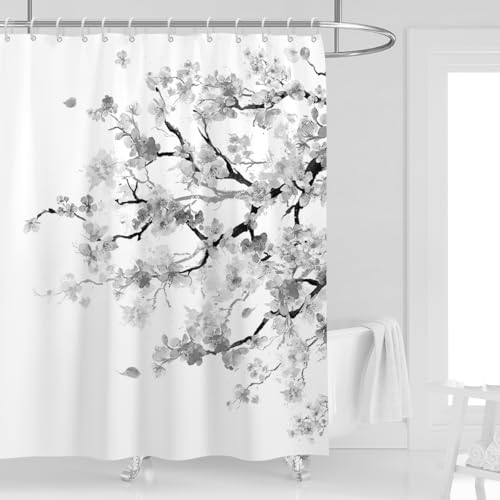 Kikiry Cherry Blossom Shower Curtain 60''W x 72''L Black and White Grey Gray Spring Floral Flowers Sakura Blooming Plum Japanese Asian Anime Cute Art Style Polyester Fabric 12 Pack Plastic Hooks