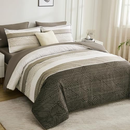 "Drucon Boho Comforter Set King Size 7 Piece Bed in a Bag, Brown Striped Bedding Set, Soft Microfiber Comforter and Sheet Set for All Season (King, 104""x90"")"